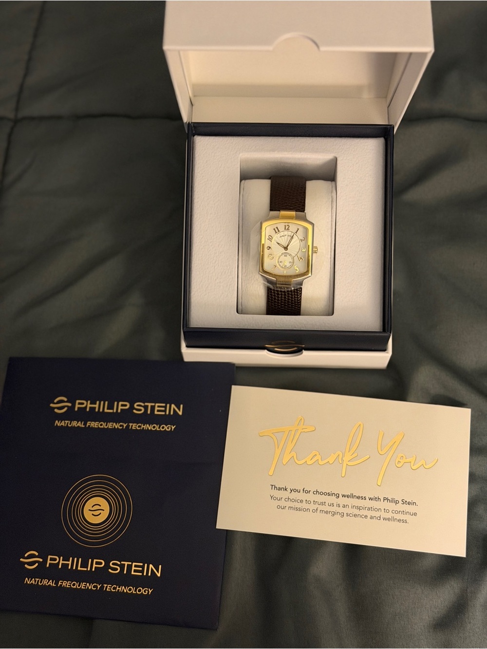 Philip Stein Gold-Tone Rectangular Watch with Brown Strap